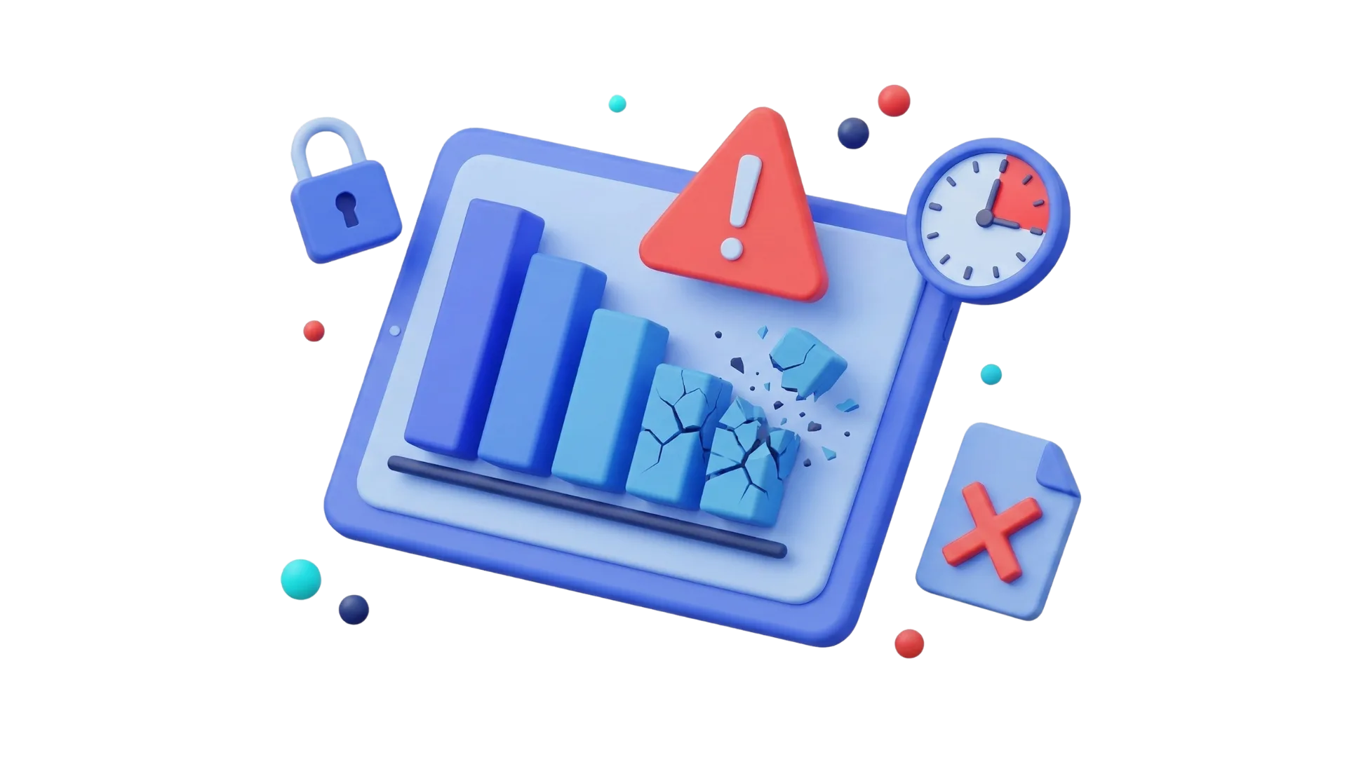 3D tablet with declining bars, warning sign, lock, and clock representing funding barriers