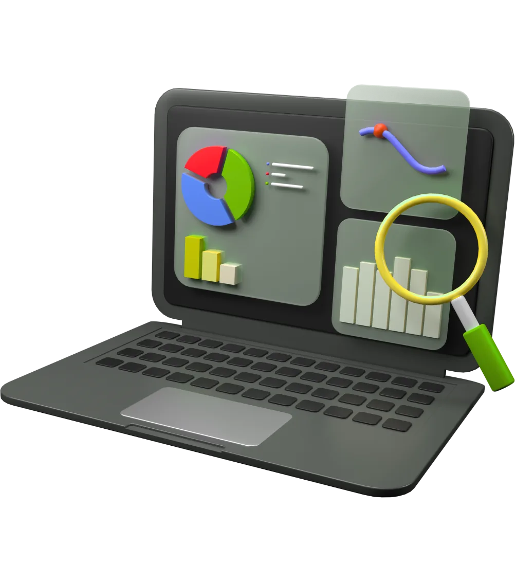 Laptop with analytics and magnifying glass