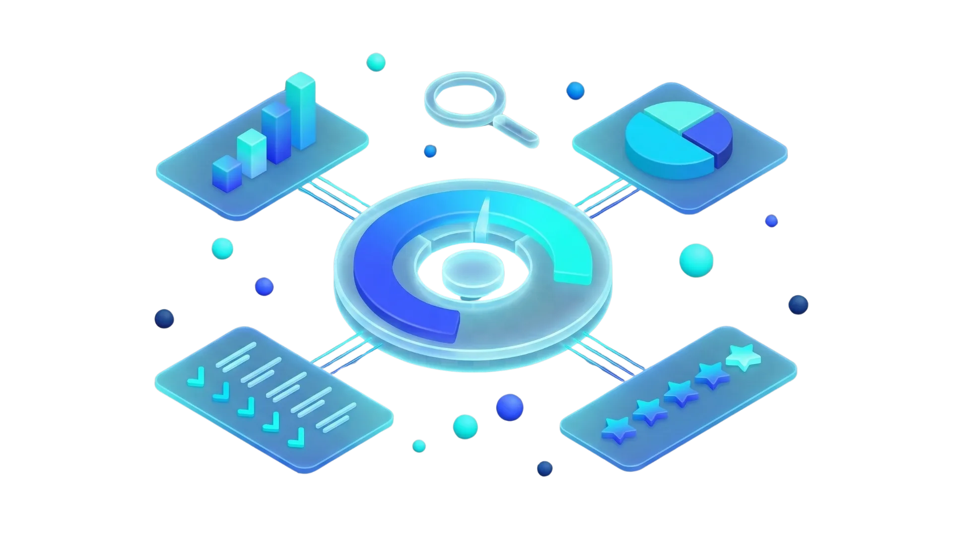 3D isometric evaluation gauge with charts, ratings, and checklist cards